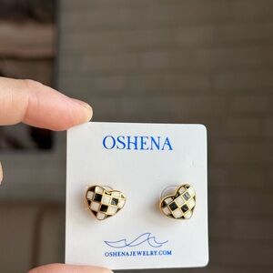 NWT OSHENA Gold & Black Checker Heart Stud Earrings
